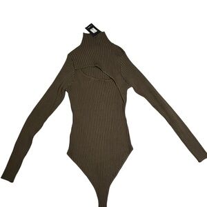 Fashion Nova Cut The Antics Olive Green Long Sleeve Ribbed Bodysuit Size 3X NWT